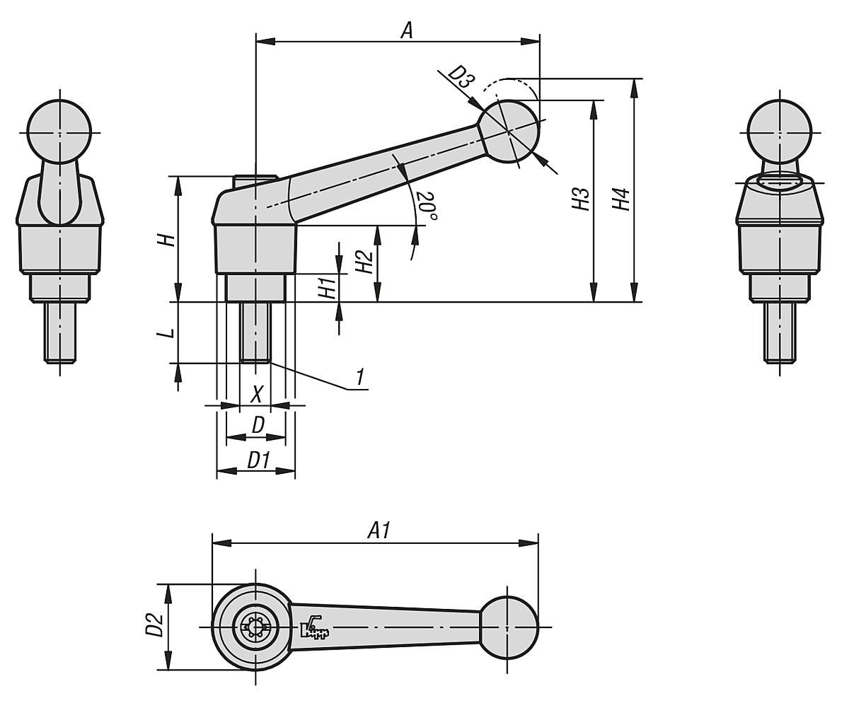 Kipp K0116.2063X15 KLEMMHEBEL GR.2  M6X15, GRIFFHEBEL SILBER METALLIC - K0116 Klemmhebel mit Aussengewinde - Massblatt