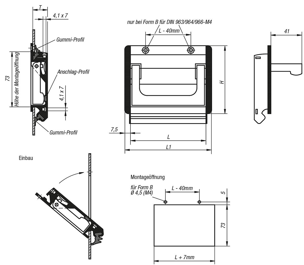 Norelem 06961-10023 PROFIL KLAPPGRIFF FORM B, L=100, NATURFARBEN ELOXIERT - NLM 06961-B Profil Klappgriffe - Form B - Massblatt