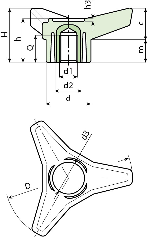 Leschhorn F661 Dreisterngriffe  D 125; d 42,5; Gewinde d1 M12; Kunststoff PA, schwarz, Gewindebuchse Messing - Boteco F661 Dreisterngriffe