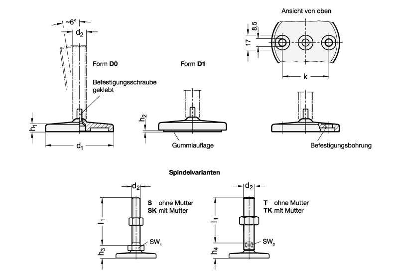 Ganter 24-100-M10-100-D0-S  Stellfüße, Edelstahl 1.4404 (A4), mit Befestigungsbohrungen, Fußteller gedreht, Fussdurchmesser d1: 100, Gewinde d2: M 10, Länge l1 (S / SK): 100 - GN 24 Stellfuesse - Edelstahl A4 -Befestigungsbohrungen - Fussteller gedreht - Massblatt