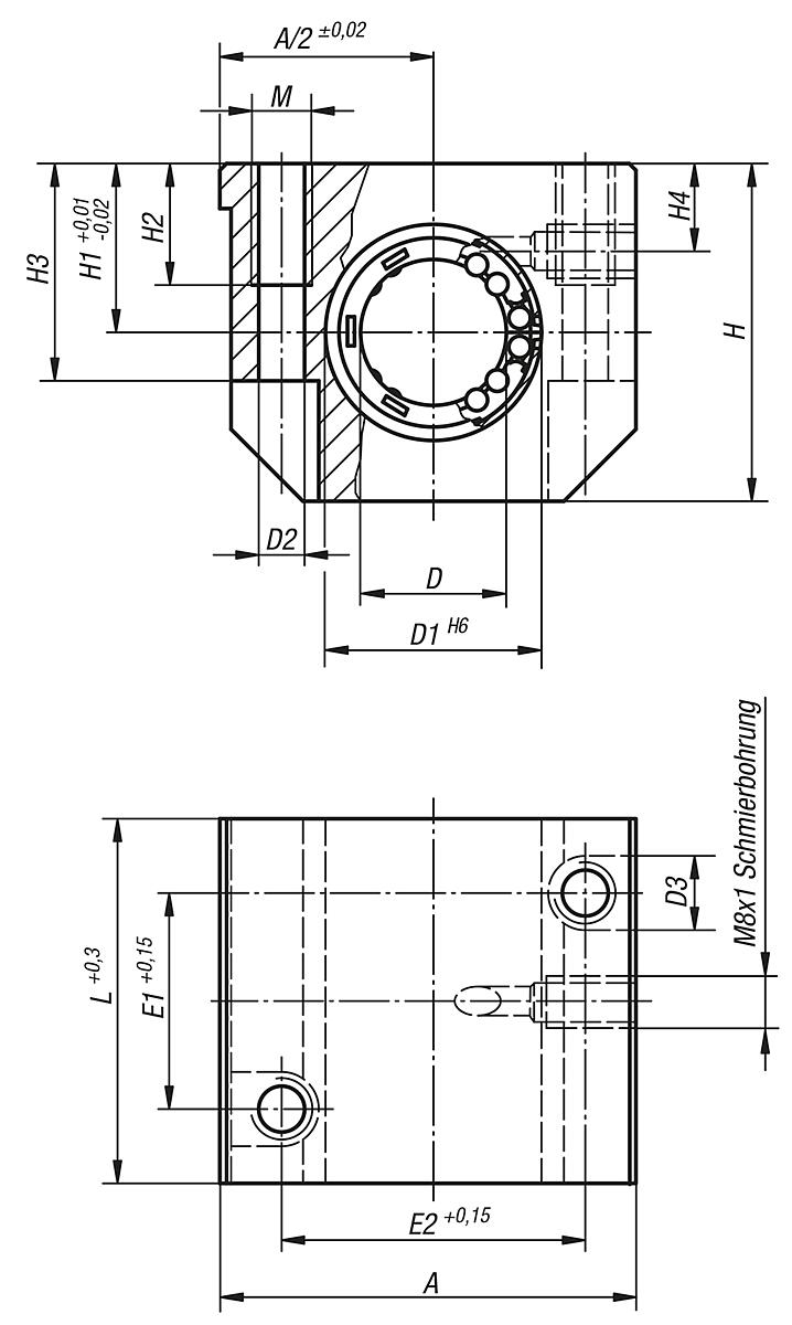 Norelem 21530-251002 LINEARGEHÄUSEEINHEIT D=25, EINZELN, MIT KUGELLAGER 21510 250 - NLM 21530 Lineargehaeuseeinheiten  einzeln - geschlossen - Massblatt