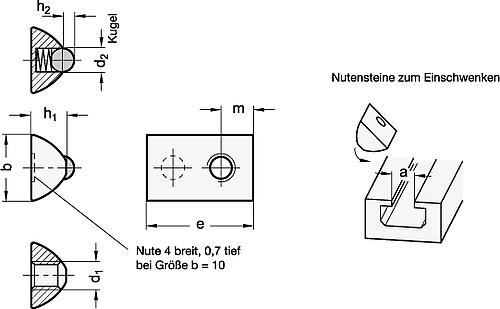 Ganter 506.1-10-M3 MUTTER für T-Nuten, OHNE FÜHRUNGSSTEG, einschwenkbar mit Kugel - GN 506-1 Muttern fuer T Nuten-Skizze
