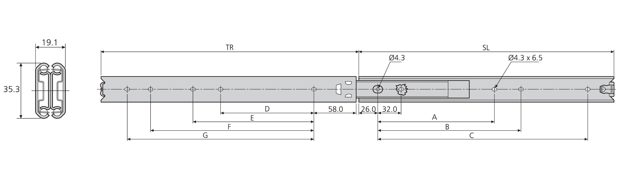 Accuride DS0330-0060 Edelstahl Teleskopschienen 100% Vollauszug, 19,1x35,3, SL 600, TR 600, 45kg - 0330 Accuride Teleskopschiene technische Zeichnung