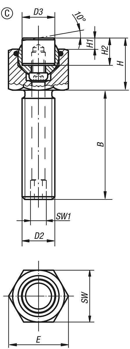 Kipp K0289.124X040 PENDELAUFLAGE FORM C MIT O RING, D1=M24, L1=40 - K0289-C Pendelauflagen verstellbar - mit O Ring und auswechselbaren Einsaetzen - Form C - Massblatt