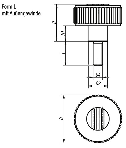 Kipp K0260.51055X10 NOVO.GRIP RÄNDELRAD  GR.1  FORM L, D=40  M5X10, DECKEL LICHTGRAU - KIPP K0260-L Raendelraeder mit Aussengewinde - Form L