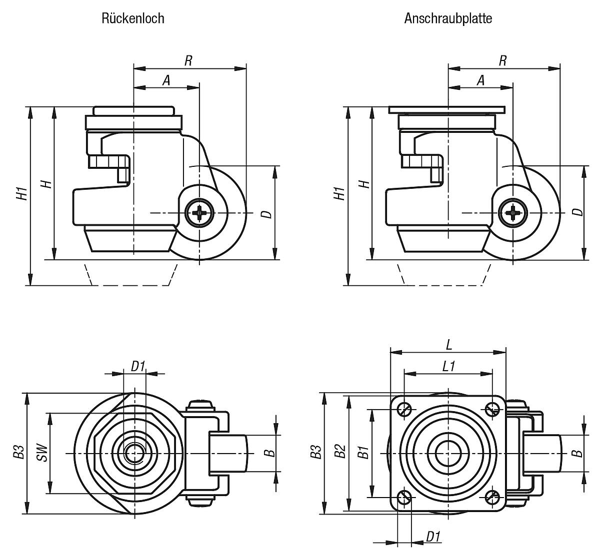 Norelem 95090-045180 HEBEROLLE MIT FESTSTELLSYSTEM, RÜCKENLOCH, D=45, B=18, H=72, POLYAMID, KOMP:ALUMINIUM - NLM 95090 Heberollen-integriertem Feststellfuss-Rueckenloch oder Anschraubplatte -Massblatt