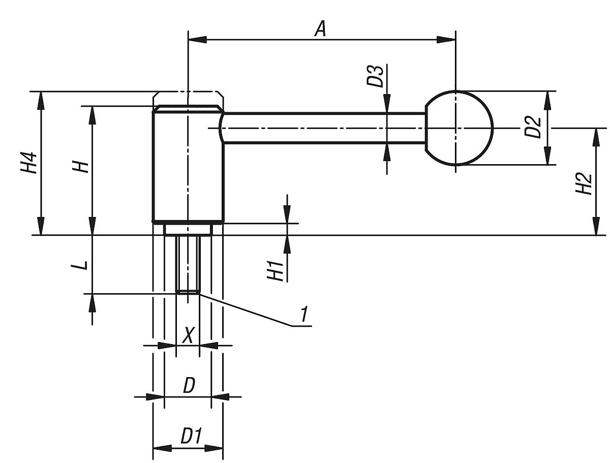 Kipp K0108.4162X30 SPANNHEBEL GR.4, M16X30,  0 Grad - K0108-0 Spannhebel mit Aussengewinde - 0 Grad - Massblatt