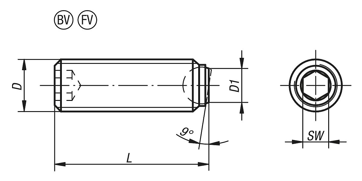 Norelem 07110-51025 KUGELDRUCKSCHRAUBE FORM BV, OHNE KOPF, D1=M10, L2=25 - NLM 07110-BV-FV Kugeldruckschrauben ohne Kopf -abgeflachter Kugel-Verdrehsicherung -Massblatt