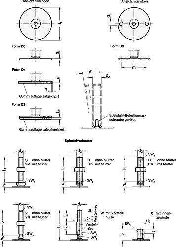 Ganter 41-40-M16-125-D3-UK Stellfüße, Edelstahl 1.4301 (A2) - GN-41-Stellfuesse-Edelstahl-A2-Skizze