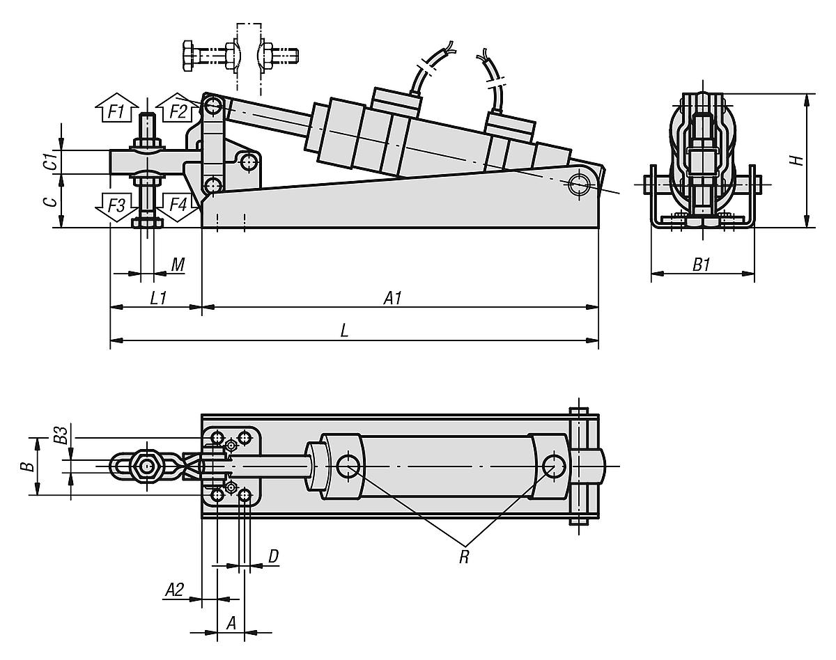 Kipp K0090.0150 PNEUMATIKSPANNER HORIZONTAL FORM B, P=150 daN - K0090 Pneumatikspanner horizontal Form B - Massblatt
