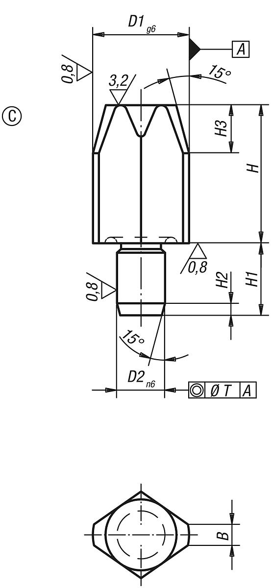 DIN 6321  AUFNAHMEBOLZEN FORM C, KURZ, D1=12 - DIN 6321 Aufnahmebolzen kurz Form C - Massblatt