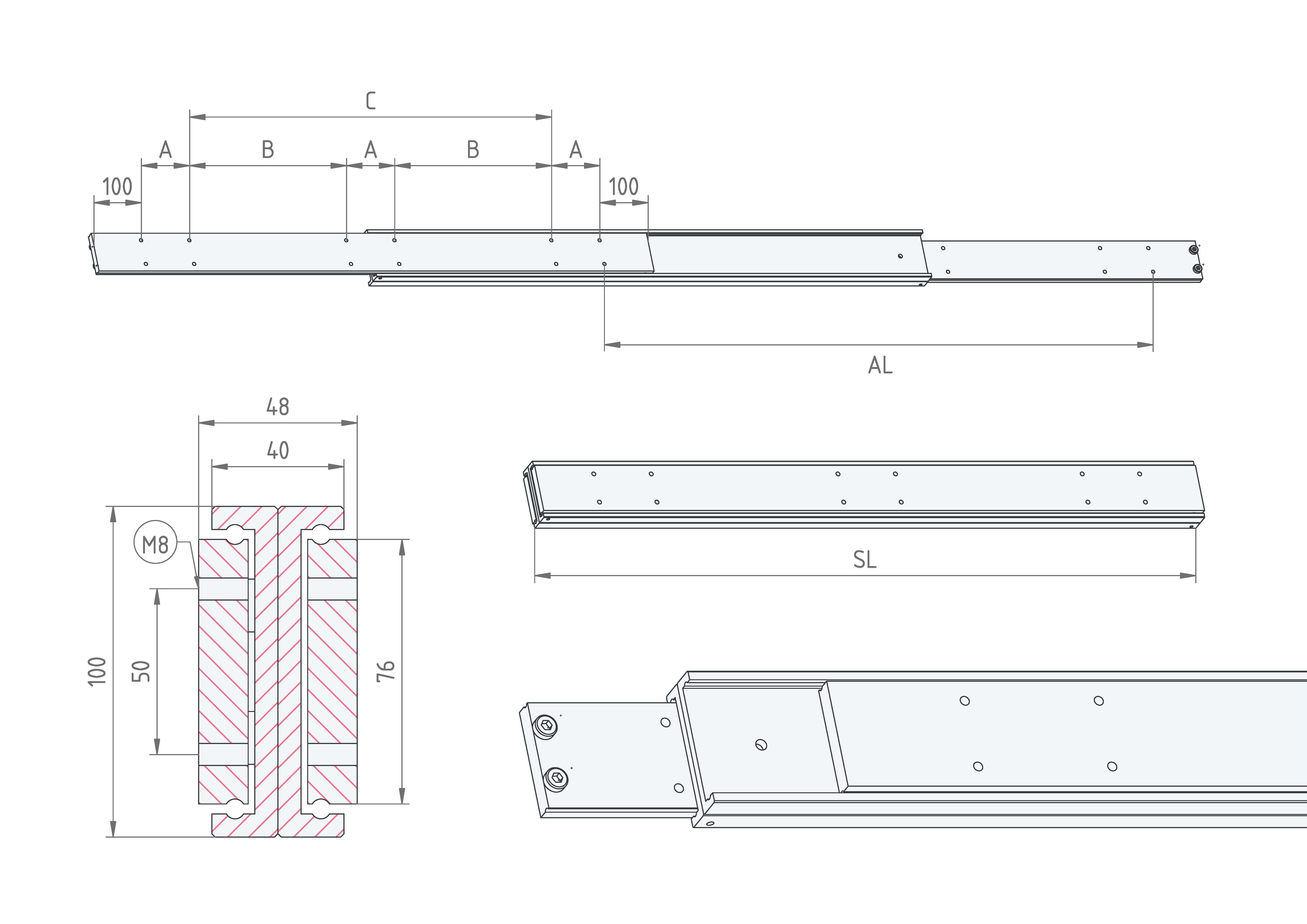 Leschhorn HPCCV 10048-0300-GG-ST Hochpräzise Schwerlast-Teleskopschienen, CC-Profil 100x48, Vollauszug, A=300, GG: Gewinde M8/Gewinde M8, Lastwert 1000kg, Stahl verzinkt - LE HPCCV-10048 Technische Zeichnung