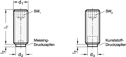 Ganter 913.5-M10-63-KU  Gewindestifte mit Messing- / Kunststoff-Zapfen, Edelstahl, Gewinde d1: M 10, Gewindelänge l1: 63, Werkstoff (Druckzapfen): KU - Kunststoff, Polyacetal (POM) - GN 913-5 Gewindestifte mit Messing- Kunststoff-Zapfen - Edelstahl - Massblatt