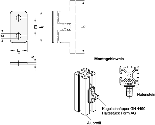 Ganter 4490.2-A4-50-F-GS  Montagebleche, für Haltestücke von Kugelschnäppern GN 4490, Edelstahl, Oberfläche: GS - matt gestrahlt, Länge l0: 50, Form: F - flach - GN 4490-2 Montagebleche-fuer Haltestuecke von Kugelschnaeppern GN 4490-Edelstahl-Massblatt