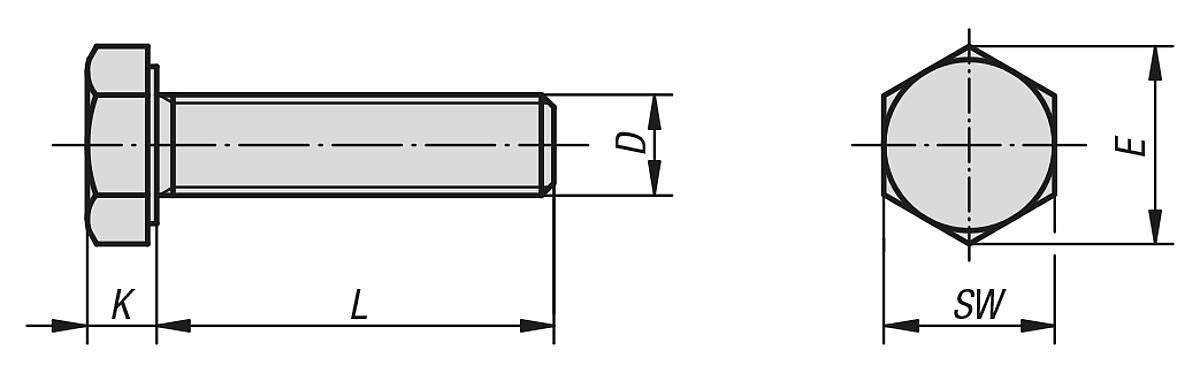 Kipp 933 M08X20 Sechskantschraube DIN 933 Festigkeitsklasse 8.8, schwarz,   D=M8, L=20 - DIN 933 - EN 24017 Sechskantschrauben Gewinde bis Kopf - Massblatt