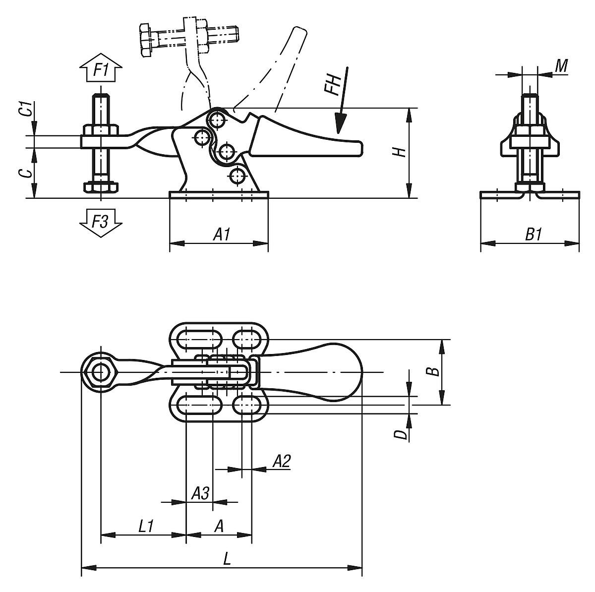 Kipp K0070.0050 MINISCHNELLSPANNER HORIZONTAL, MIT WAAGRECHTEM FUSS, P=50 da - K0070 Minischnellspanner horizontal mit waagrechtem Fuss und fester Andruckspindel -Massblatt