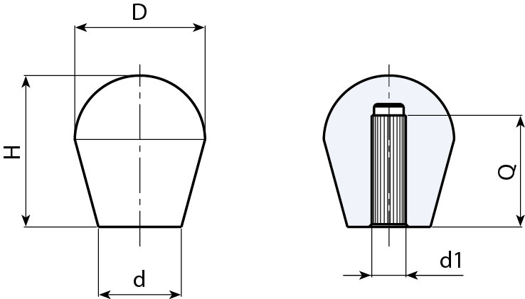 Leschhorn I500 Pilzgriffe  D 27; d 18; Bohrung d1 D14; Kunststoff PA, schwarz, - Boteco I500 Pilzgriffe
