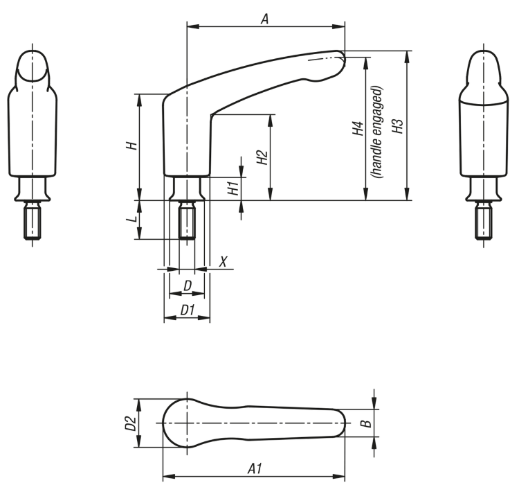Kipp K1317.106X20 KLEMMHEBEL HYGIENIC USIT® MIT BUND GR.1, M06X20, EDELSTAHL 1.4404 POLIERT, KOMP:75 EPDM 295 - K1317 Klemmhebel HYGIENIC USIT mit Aussengewinde und Bund - Edelstahl - poliert - Massblatt