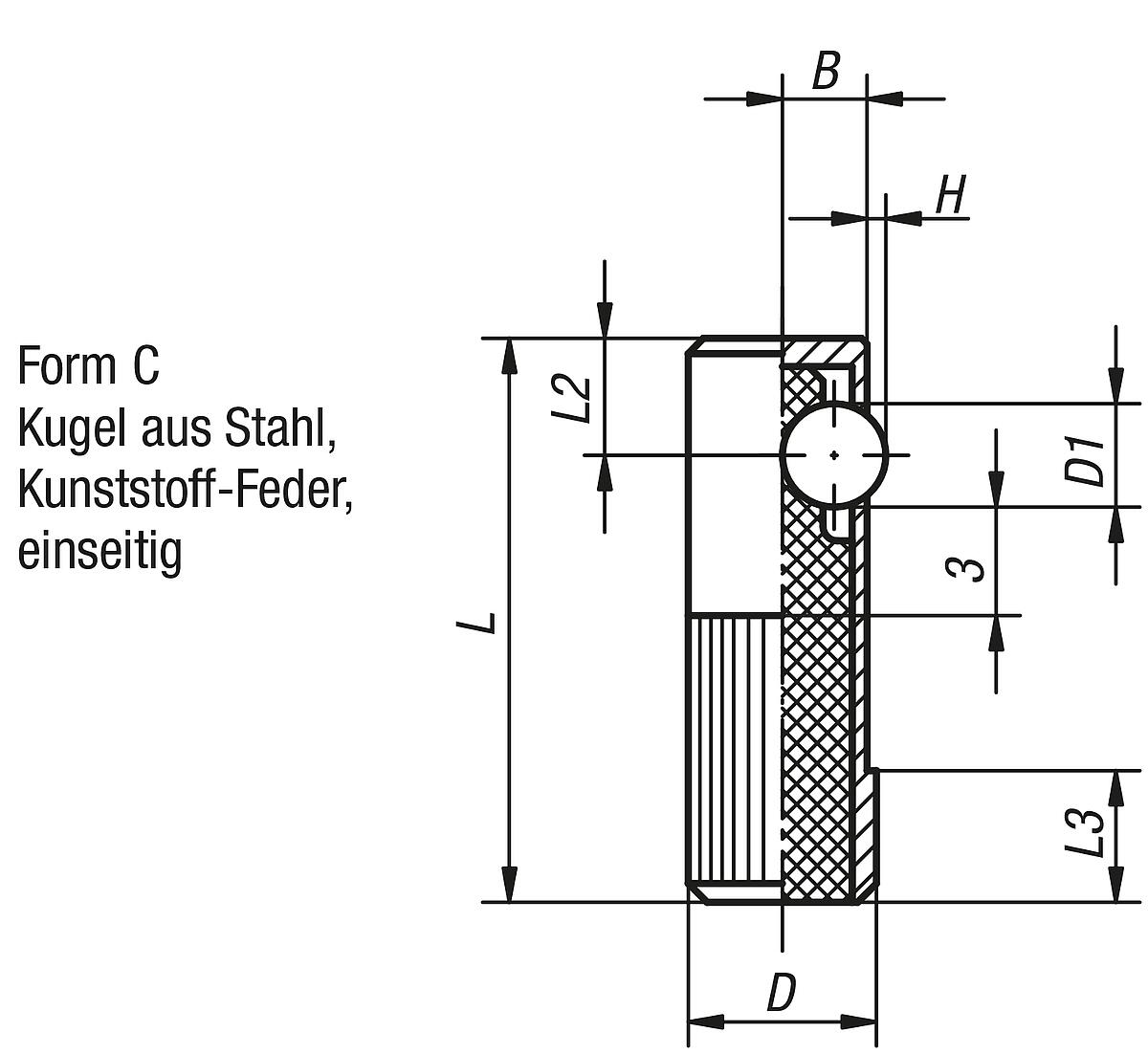 Kipp K0374.410 FEDERNDES SEITENDRUCKSTÜCK FORM C, D1=10, L1=30 - K0374-C Federnde Seitendruckstuecke - Form C - Massblatt