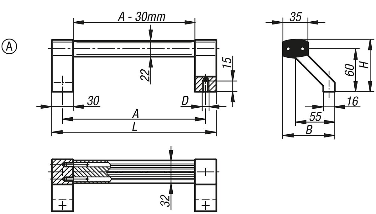 Kipp K0131.5000813 MASCHINENGRIFF FORM A, A=500, NATURFARBEN ELOXIERT - K0131-A Maschinengriffe - Form A - Massblatt