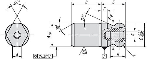 Kipp K0350.122 AUFNAHMEBOLZEN A=12 FORM C, MIT KUGELANSATZ ABGEFLACHT - KIPP K0350 Aufnahmebolzen mit Kugelansatz abgeflacht Form C