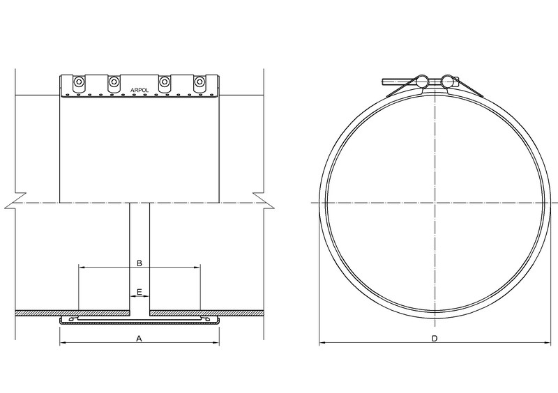 LE71497 LSFLEX-285-1192-1231-3F2-PS2-E-A4 Rohrkupplung zur Verbindung 3fach Verschluss, DA 1192-1231 mm, PS 2;  BL 285, Dichtung EPDM, Material V4A (1.4571), max. Ø-Unterschied 9 mm - INSTAL - IBW bis IEW technische Zeichnung