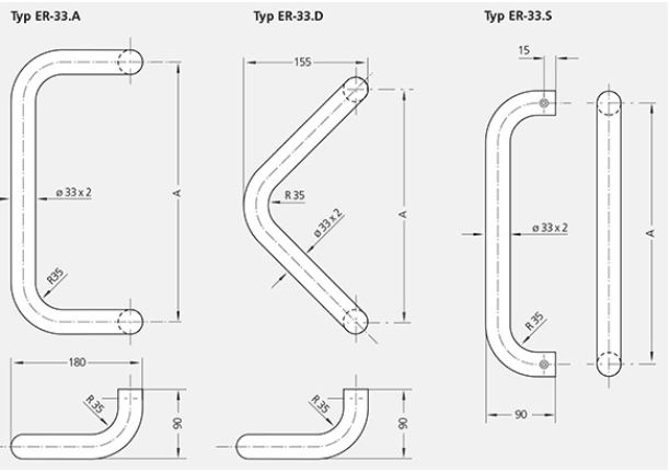 Leschhorn ER-33-A350-EG   Edelstahl Bügelgriffe  A 350,  Einzelgriff - Zeichnung Vergleich ER Edelstahl Buegelgriffe ER-33-A ER-33-D ER-33-S