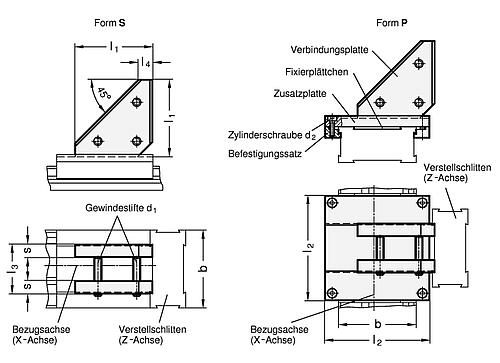 Ganter 900.3-120-120-P BEFESTIGUNGSSATZ X Z FÜR VERSTELLSCHLITTEN - GN 900-3 Verbindungssaetze X Z - Aluminium-Skizze