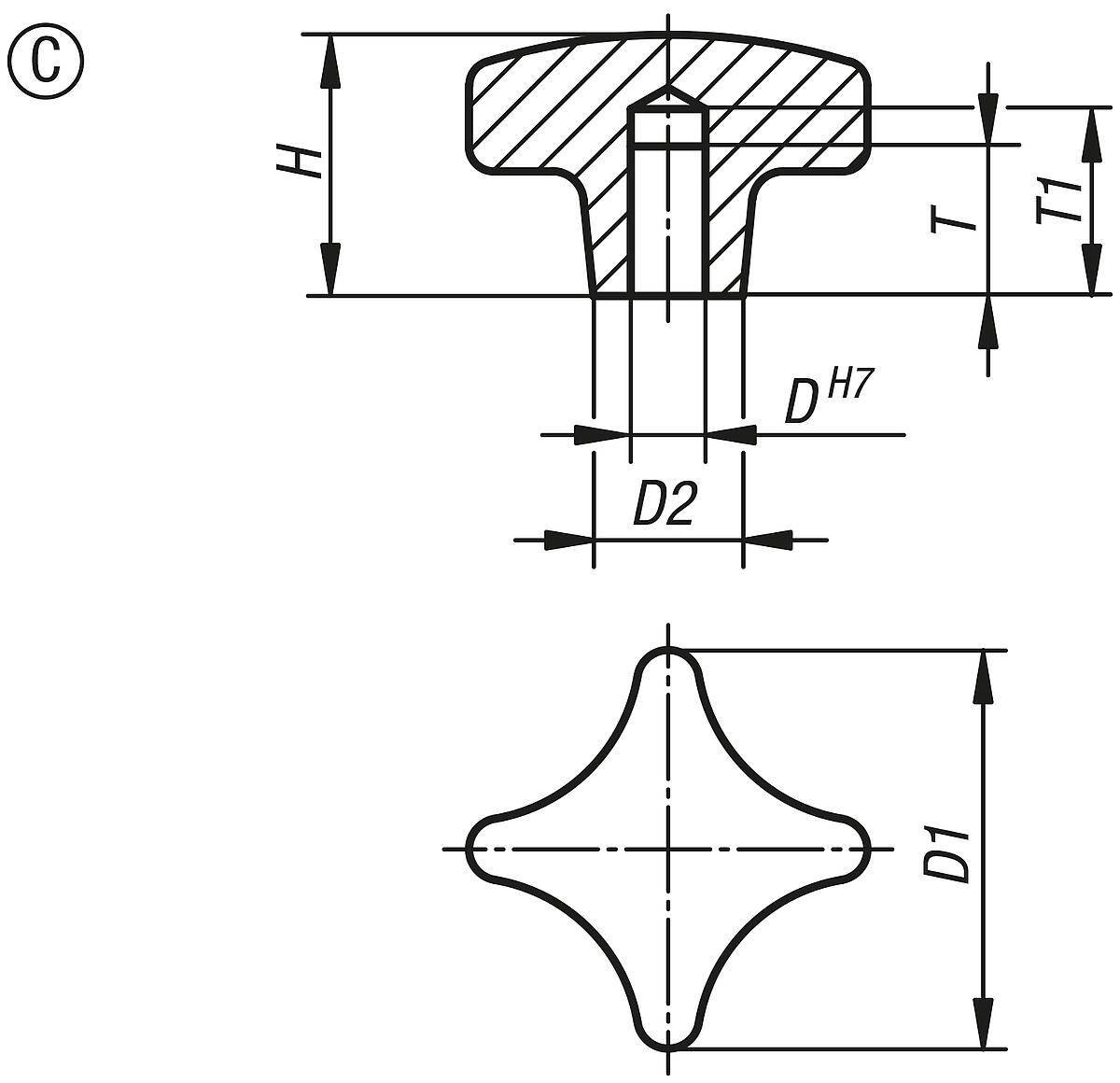 Kipp K0145.304008 KREUZGRIFF FORM C, D1=40, D4=8H7, ALU, GEROMMELT - K0145-C Kreuzgriffe aehnlich DIN 6335 aus Aluminium - Form C - Massblatt