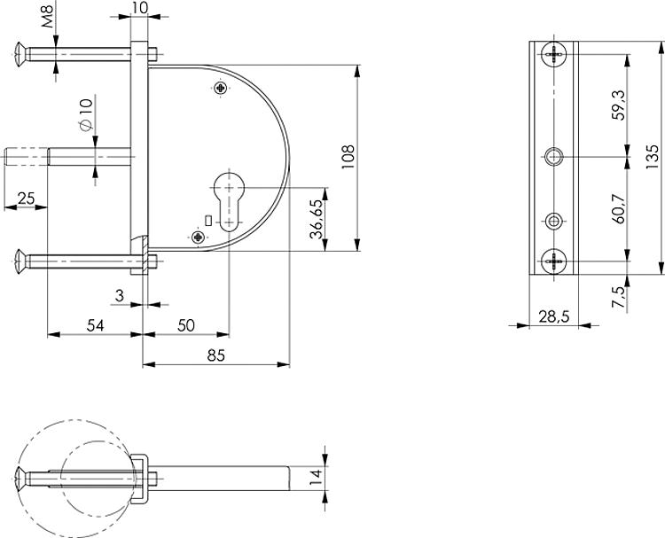 AMF 104K Gittertor-Riegelschloss mit U-Stulp, Kastenbreite: 85 mm, Schließung: RZ, Dorn: 50 mm - LE 104 Gittertor-Riegelschloss mit U-Stulp -Skizze