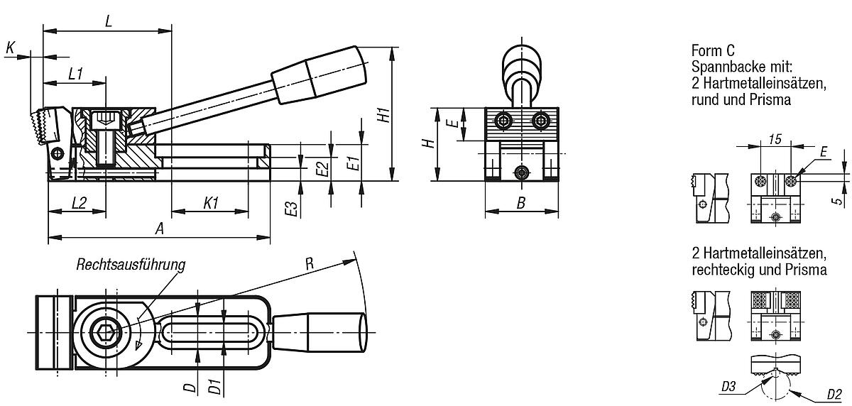 Kipp K0034.006015 NIEDERZUGSPANNER FORM C, RECHTSAUSFÜHRUNG - K0034-C Niederzugspanner Form C - Massblatt