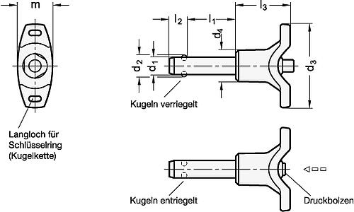 Ganter 113.7-10-100 Edelstahl Kugelsperrbolzen mit T Griff, Bolzen Werkstoff 1.4305 - GN 113-7 Edelstahl Kugelsperrbolzen mit T Griff - Bolzen -Skizze