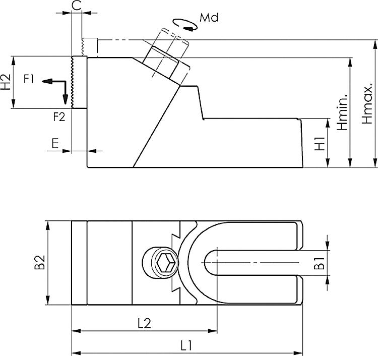 AMF 6497-19 Stabilspannbacken, Nut: 12141618, H1: 38, F1*: 8152028 kN, F2*: 1,22,23,04,2 kN - LE 6497 Stabilspannbacken -Skizze