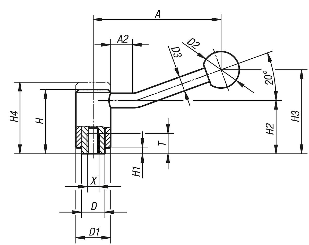Kipp K0108.3121 SPANNHEBEL GR.3, M12,  20?, - K0108-20 Spannhebel mit Innengewinde - 20 Grad - Massblatt