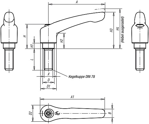 Kipp K0123.5161X50 KLEMMHEBEL GR.5  M16X50       EDELSTAHL, GRIFFHEBEL SCHWARZ SEIDENMATT - KIPP K0123 Klemmhebel mit Aussengewinde - Stahlteile