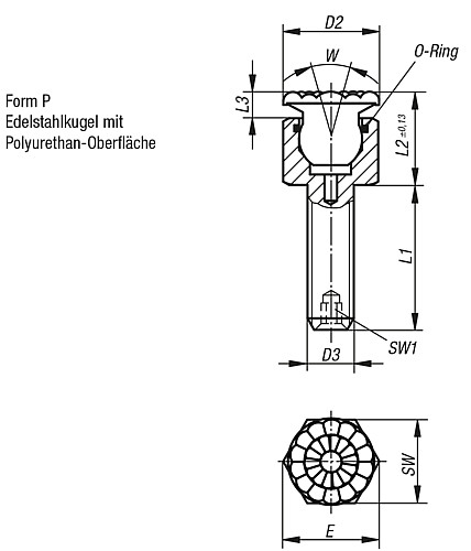 Kipp K0288.606X012 PENDELAUFLAGE FORM P MIT O RING D1=M6, L1=12 - KIPP K0288-P Pendelauflagen verstellbar - mit O Rin