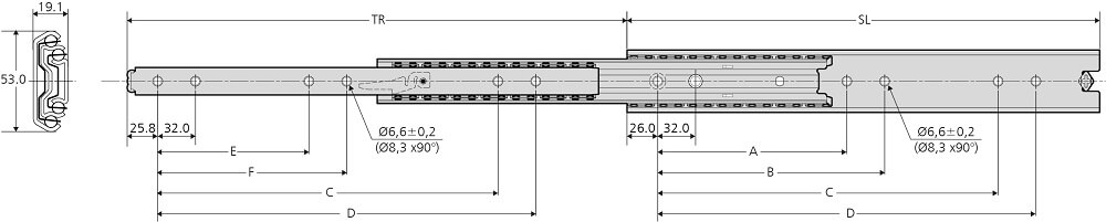 Accuride DS5334-0070 Edelstahl Schwerlast Teleskopschienen mit Schnelltrennung, 100%+ Überauszug, 19,1x53,1, SL 700, TR 723,0, bis 90kg - Accuride DS5334 Edelstahl-Teleskopschienen mit Schnelltrennung - - Ueberauszug - 19 1x53 1