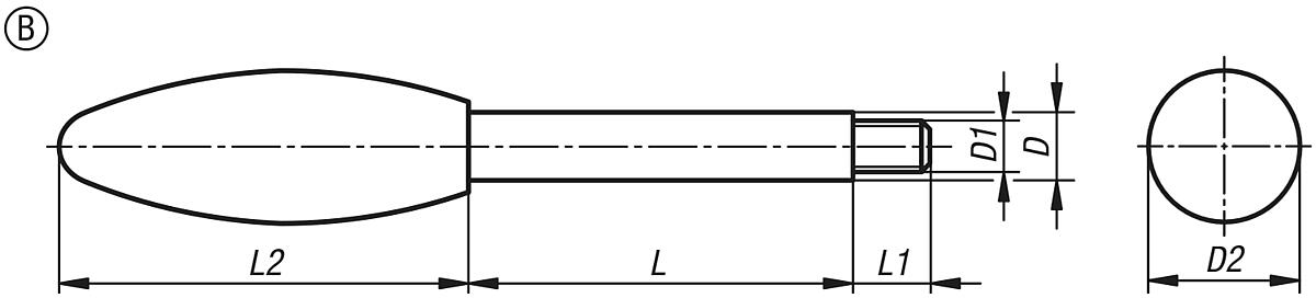 Norelem 06360-1708X35 GRIFFSTANGE M06, L=35, D=8, FORM:B OVALKNOPF, EDELSTAHL BLANK, KOMP:DUROPLAST SCHWARZ HOCHGLANZPOLIERT - NLM 06360-E Griffstangen Form E - Massblatt