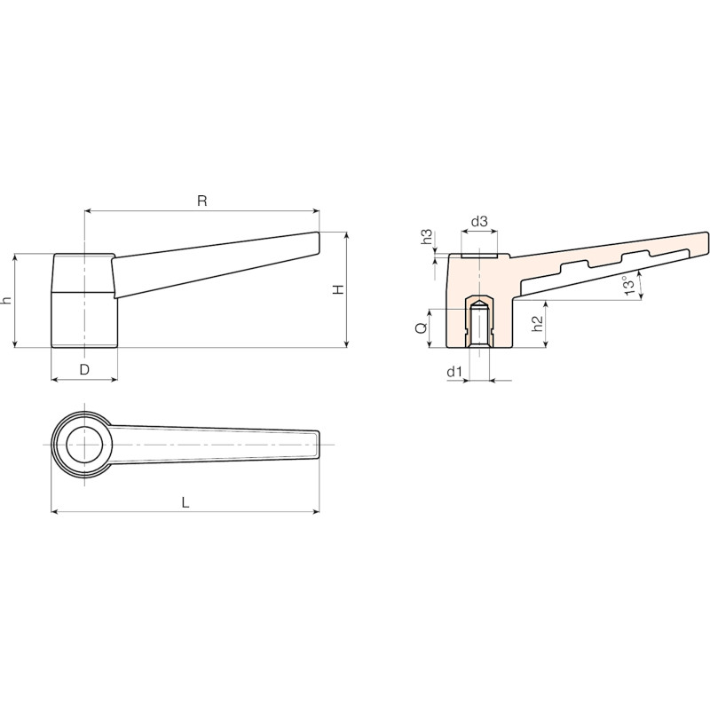 Leschhorn A528 Starre Klemmhebel  R 83; Innengewinde M8; schwarz - LE A528 Starre Klemmhebel - Innengewinde - Kunststoff-EcoLine-Massblatt