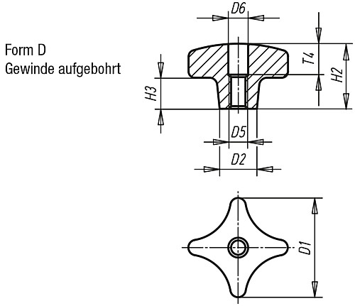 Kipp K0145.404008 KREUZGRIFF FORM D, D1=40, D5=M8, ALU, GEROMMELT - KIPP K0145-D Kreuzgriffe aehnlich DIN 6335 aus Alum