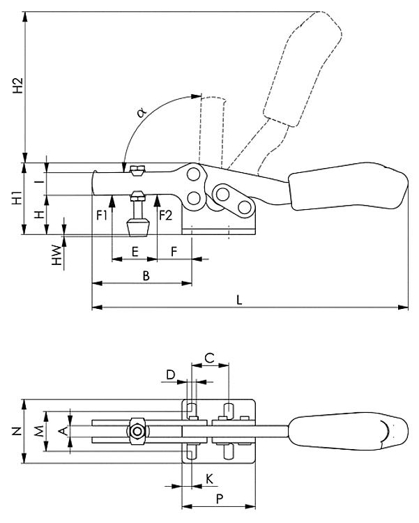 AMF 68300NIE-2 Waagrechtspanner plus mit blauem Handgriff, Größe : 2, F1: 1,6 kN, F2: 3,0 kN - LE 68300NIE Waagrechtspanner plus mit blauem Handgriff-Skizze