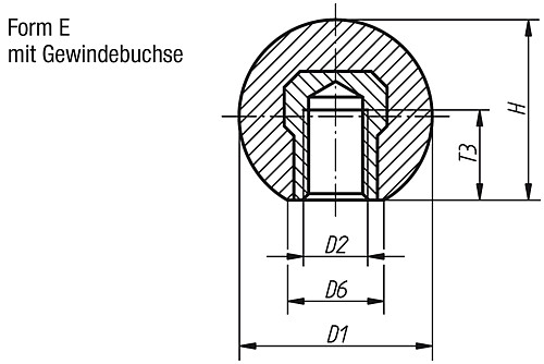 Kipp K0159.21604 KUGELKNOPF D1=16  M4, FORM E, DUROPLAST, GEWINDEBUCHSE MESSING - KIPP K0159-E Kugelknoepfe glatt DIN 319 erweitert F