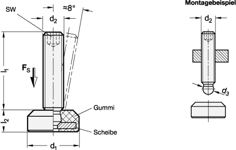 Ganter 638-19-M8-18-NR-SW  Gelenkstücke, Druckstück NBR, Verstellspindel Stahl / Edelstahl, Aussendurchmesser d1: 19, Gewinde d2: M 8, Einschraublänge l1: 18 - GN 638 Gelenkstuecke - Druckstueck NBR - Verstellspindel Stahl - Edelstahl - Massblatt
