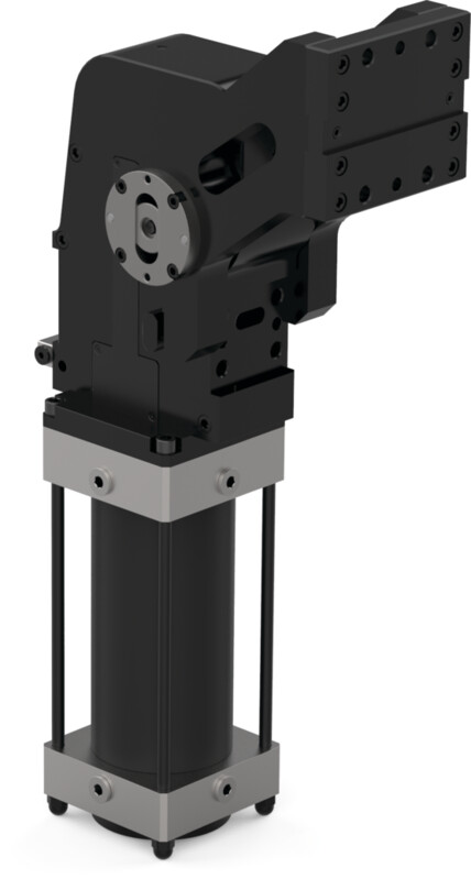 DESTACO RFM100.2-29OPXPGZ Schwenkeinheit, RCM - mit integrierter Verriegelung, Zylinder 100mm Bohrung, Öffnungswinkel 29°, O - horizontal, PX - Näherungsschalter: Links, P - Pepperl+Fuchs, G-Anschluss, Z - Anschluss, hinten - DESTACO RCM - RFM-Serie Pneumatische Schwenkeinheiten - einstellbar - V - LS - umgekehrt - vertinkal