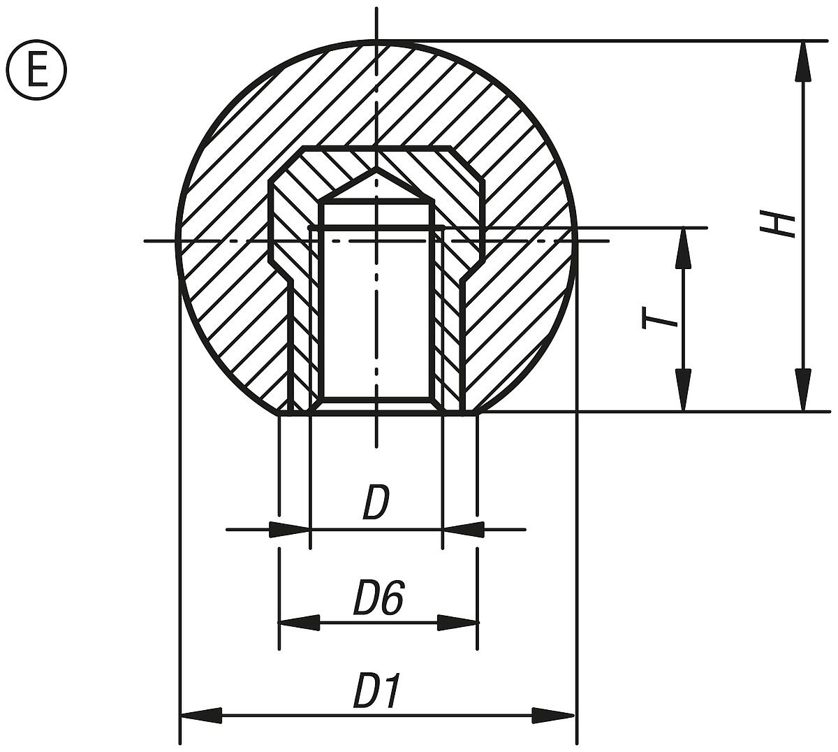 Kipp K0159.22006 KUGELKNOPF D1=20  M6, FORM E, DUROPLAST - K0159-E Kugelknoepfe glatt DIN 319 erweitert Form E - Massblatt