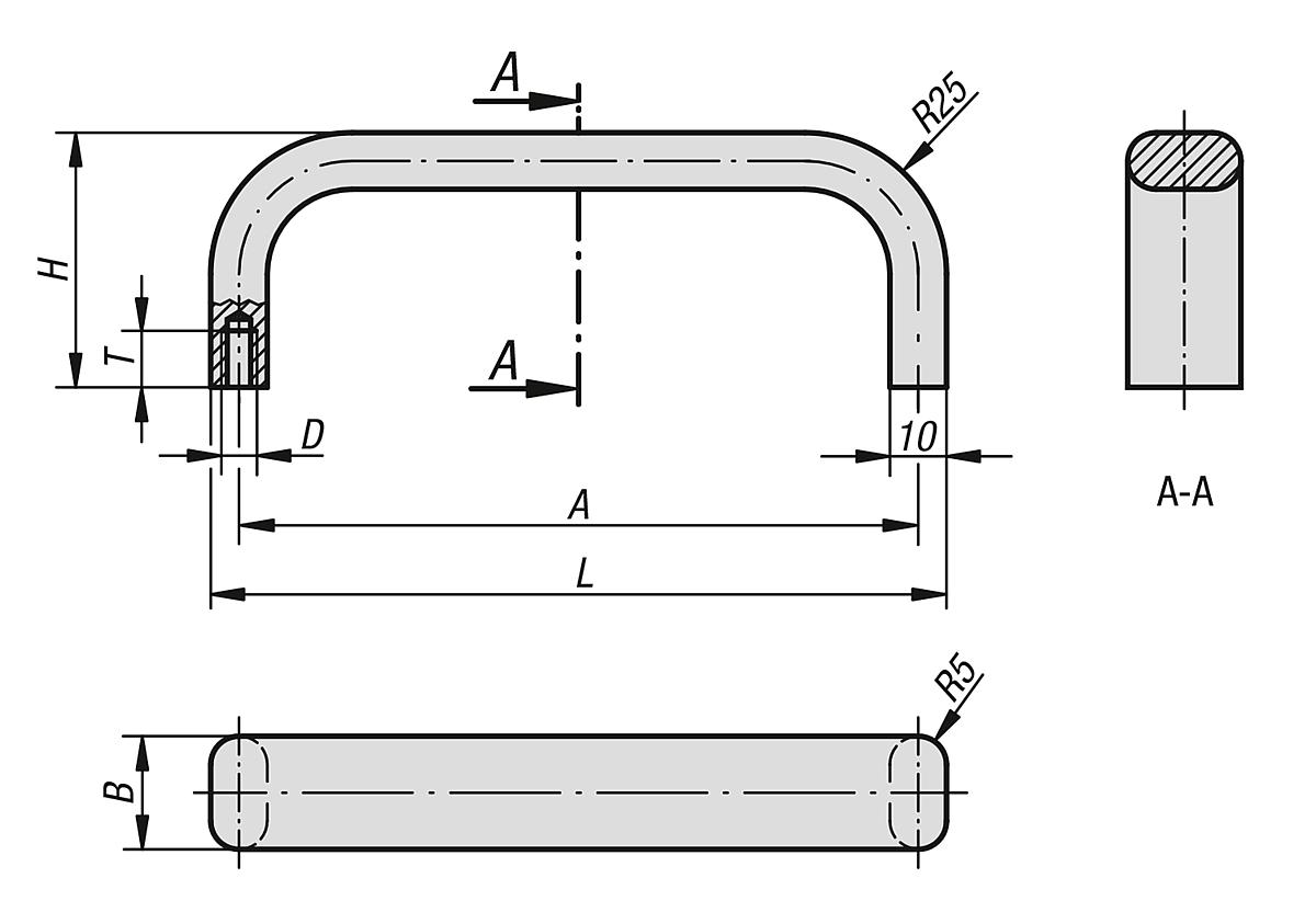 Kipp K0205.20001 BÜGELGRIFF FLACHPROFIL, A=200, M5, SCHWARZ ELOXIERT - K0205 Buegelgriffe Flachprofil - Massblatt