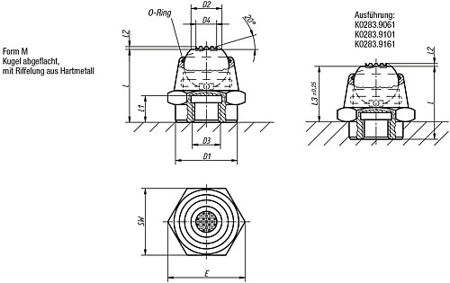Kipp K0283.906 PENDELAUFLAGE FORM M  M6, D1=16 - KIPP K0283-M Pendelauflagen - Neigungswinkel 20 Grad - Form M