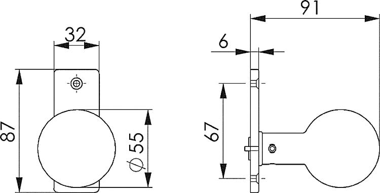 AMF 436 Türknopf, gerade, drehbar: -, fest: Ja, Rosette: 32 x 87 x 6 mm - LE 436 Tuerknopf - gerade -Skizze
