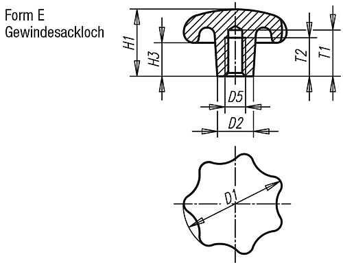 Norelem 06200-506 STERNGRIFF GG, FORM E, D1=32, D5=M6 - Norelem 06200-E Sterngriffe DIN 6336 aus Grauguss - Form E