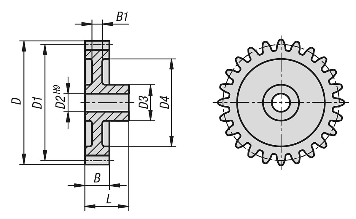 Norelem 22402-2050040 STIRNZAHNRAD GERADE B=3, N=40, POLYKETON, MIT NABE, D2=4 - NLM 22402 Stirnzahnraeder aus Kunststoff - Modul 0-5 gespritzt - gerade verzahnt - Massblatt
